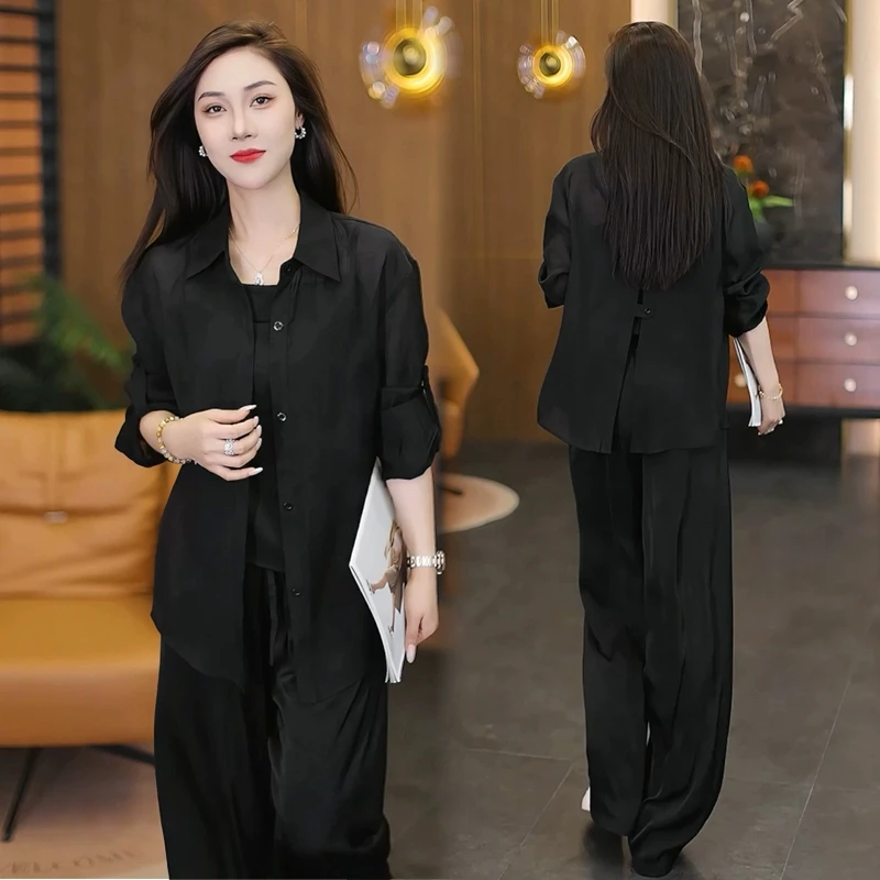 时尚套装女夏季新款气质显瘦减龄防晒衬衫吊带上衣阔腿裤三件套潮