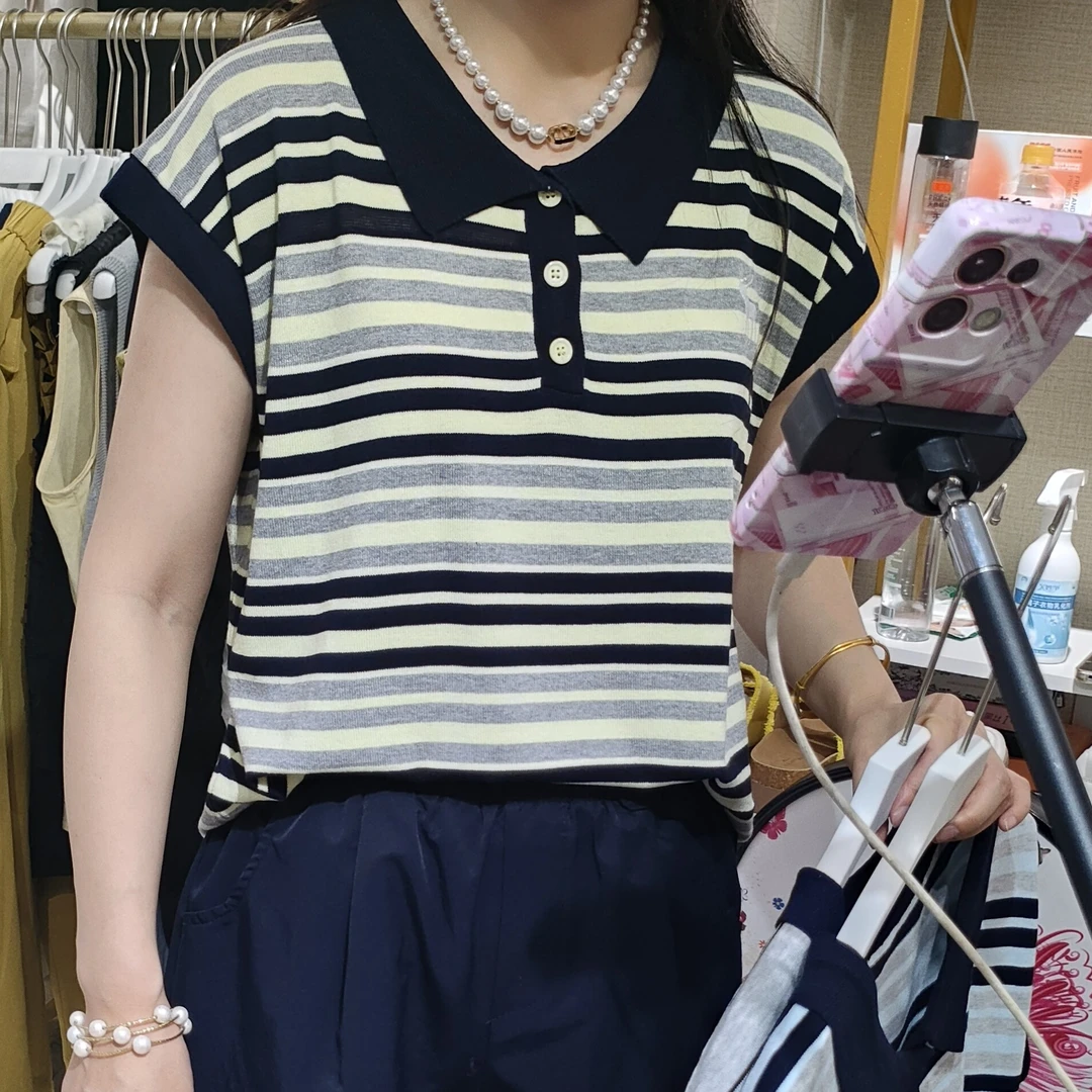 娟儿家2025宽松型翻领POLO领T恤条纹标准小众日常撞色短袖