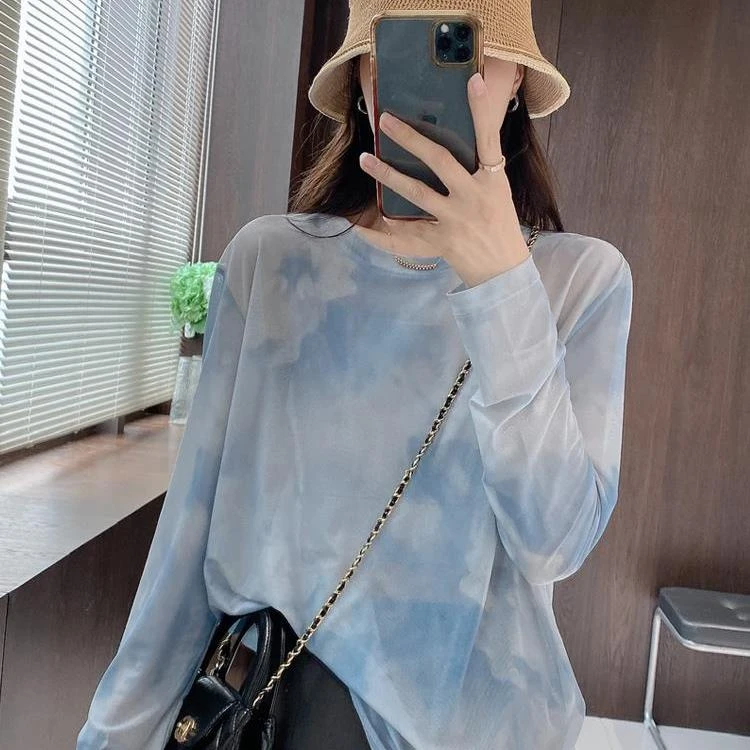 2025夏季新款女士扎染冰丝网纱防晒长袖T恤罩衫轻薄漂亮空调上衣