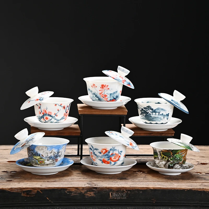 羊脂玉悬停三才盖碗荷花功夫茶具大号主人杯敬茶碗泡茶器陶瓷品茗