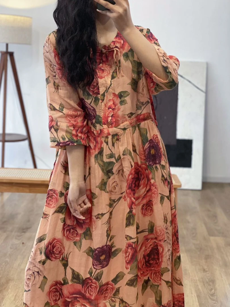 新中式一粒盘扣苎麻连衣裙气质收腰显瘦飘逸碎花长裙 77+ 8561