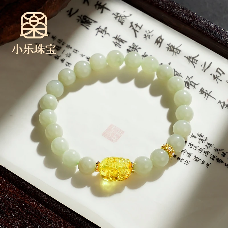 原创简约设计单圈素圈和田玉琥珀貔貅手工手链多样性发一-9533