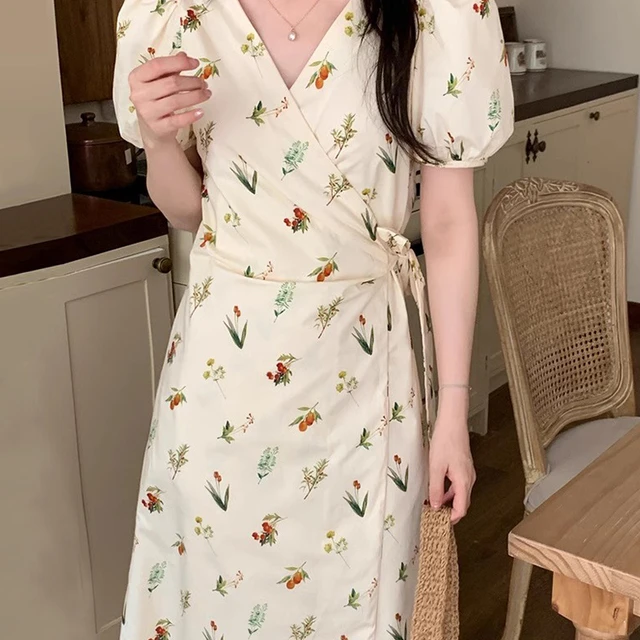 韩国夏季法式温柔风领一片式绑带收腰显瘦短袖碎花连衣裙女裙子