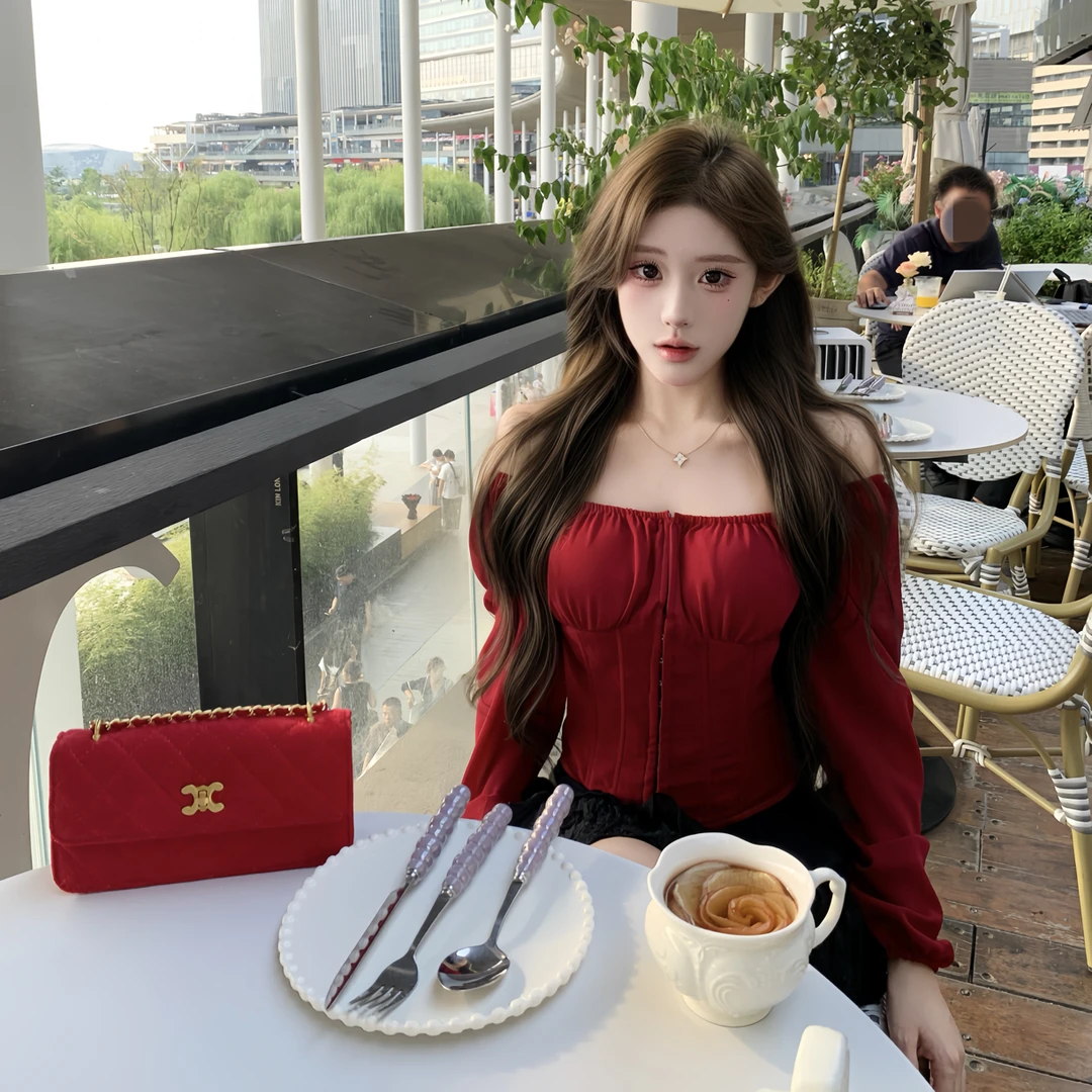 周周·【红茶布朗】法式长袖一字肩泡泡袖上衣