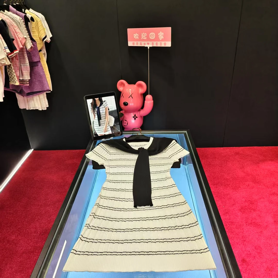 G830法式夏季针织拼接长裙条纹短裙连衣裙女款高奢轻奢时尚