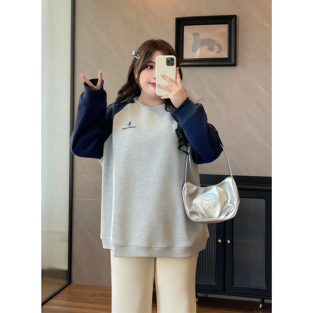 巴塞罗那 / 复古撞色插肩袖加绒卫衣13137花契200斤胖mm冬季简约