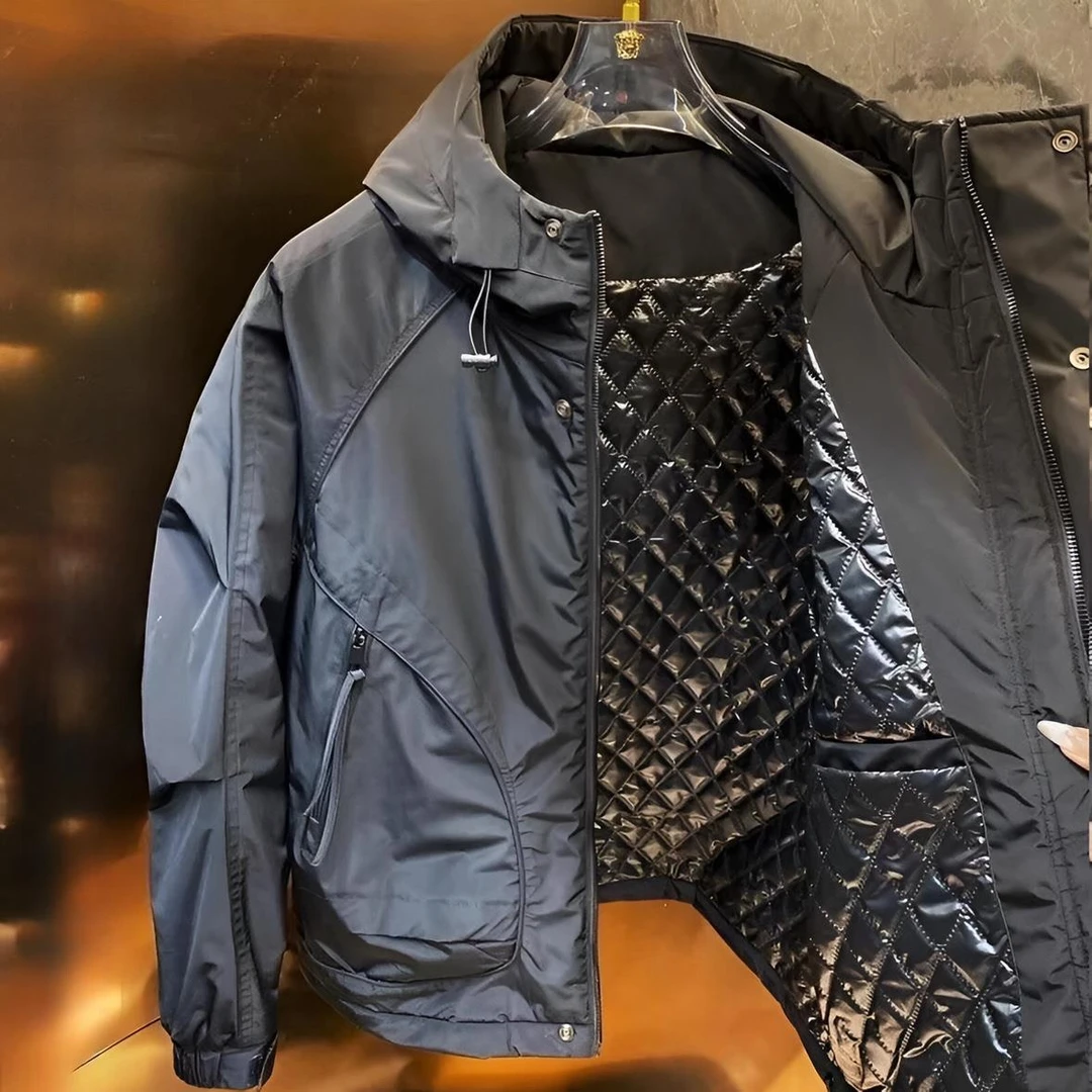 夹克男士高端连帽冲锋衣棉袄春秋纯色拼接百搭大口袋加厚工装外套