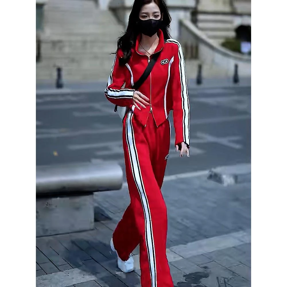 红色气质修身显瘦运动套装女春夏新款网红时髦开衫上衣休闲两件套