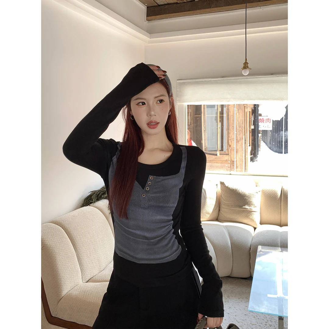 甜辣多多【超绝小蛮腰】长袖绒感针织衫2025秋冬假两件圆领上衣