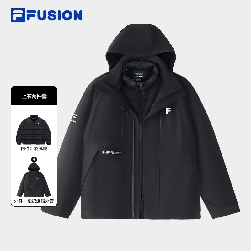 FILA斐乐男士羽绒服两件套秋冬保暖有型鸭绒黑色外套T11M441912