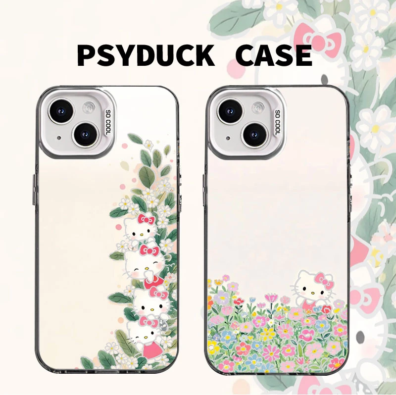 适用苹果华为一加iQOO小米春日绿叶凯蒂猫彩银创意动漫防摔手机壳