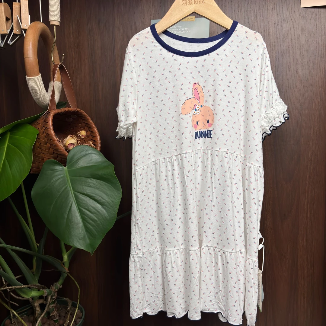 【羽灏】韩版长款睡裙睡衣A类抗菌优可丝夏季圆领可爱儿童蕾丝睡裙