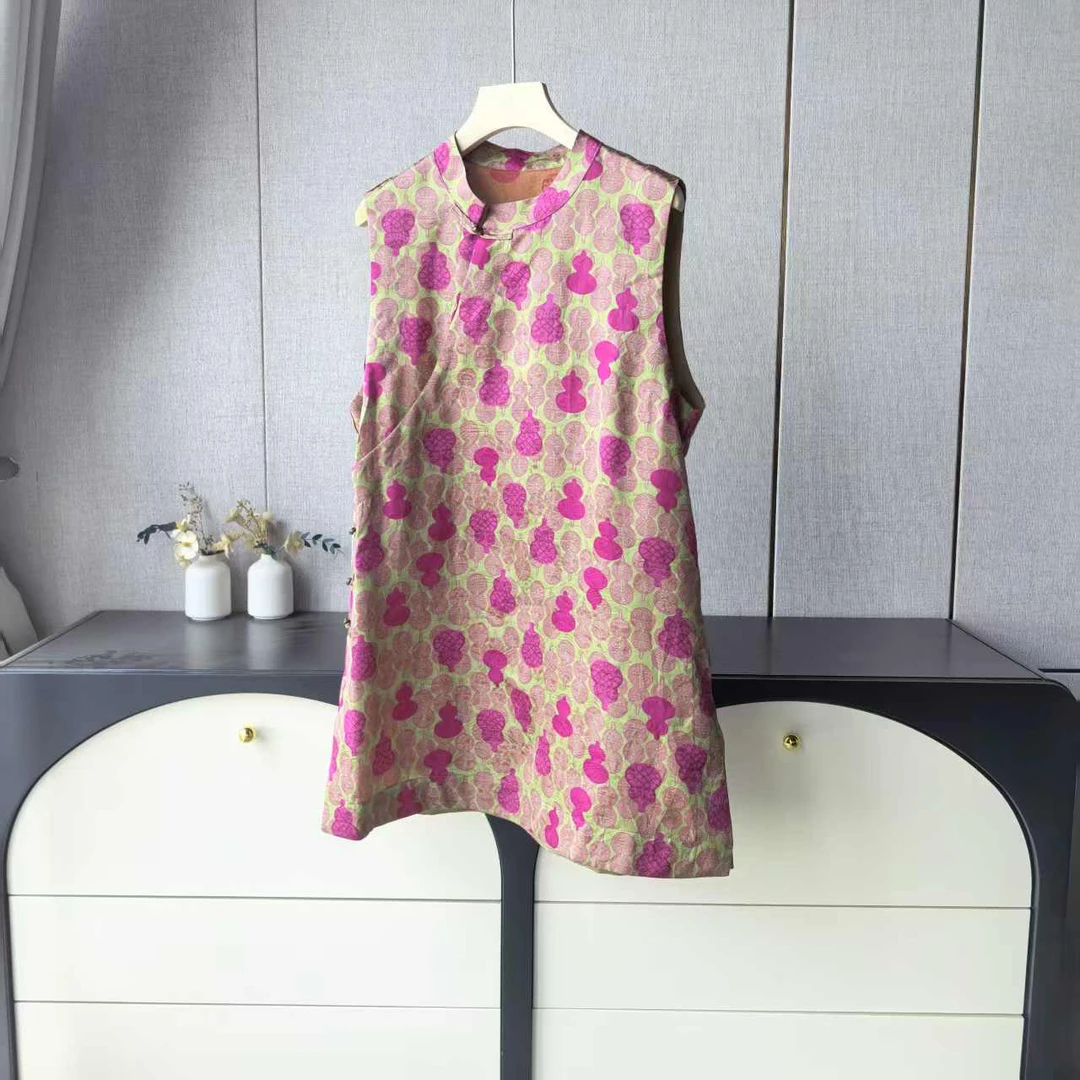 木子家I   G0526【宝葫芦】盘扣花萝长款斜襟香云纱无袖小衫