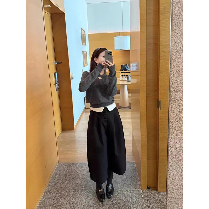 韩系时髦设计感套装爱心镂空针织衫女装秋季翻边拼接休闲裤两件套