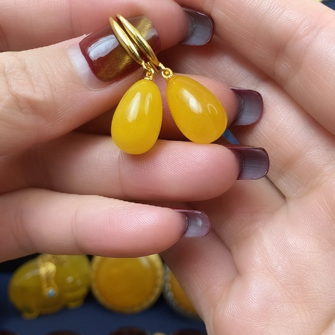 蜜蜡耳饰银S925镀金镶嵌