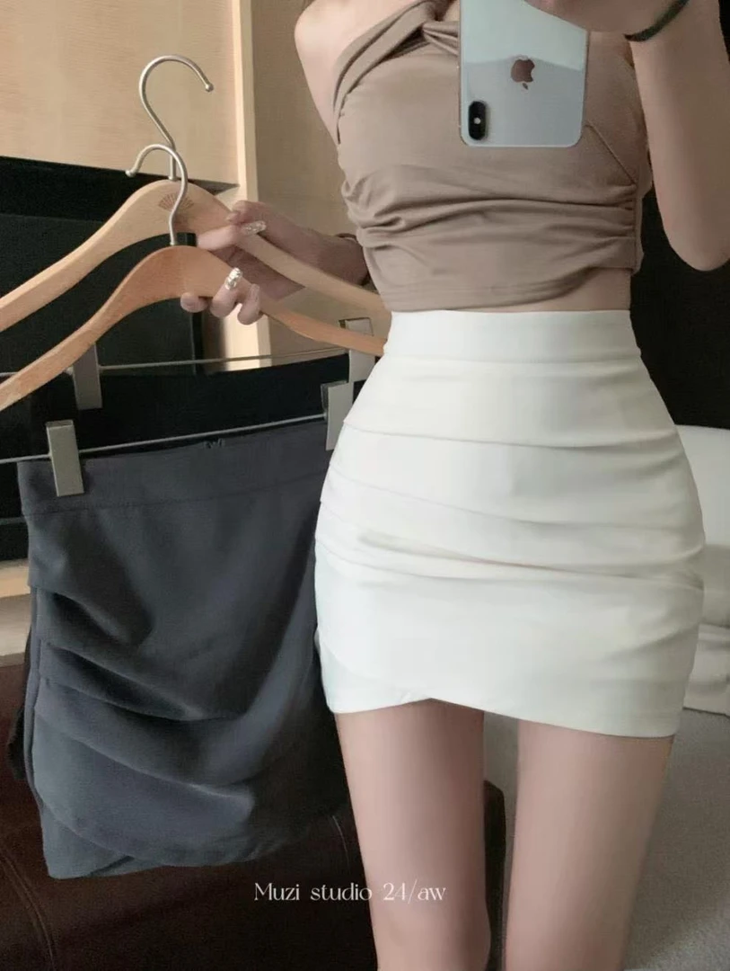 辣妹褶皱不规则包臀裙夏季高腰显瘦半身裙百搭a字纯欲风包臀短裙