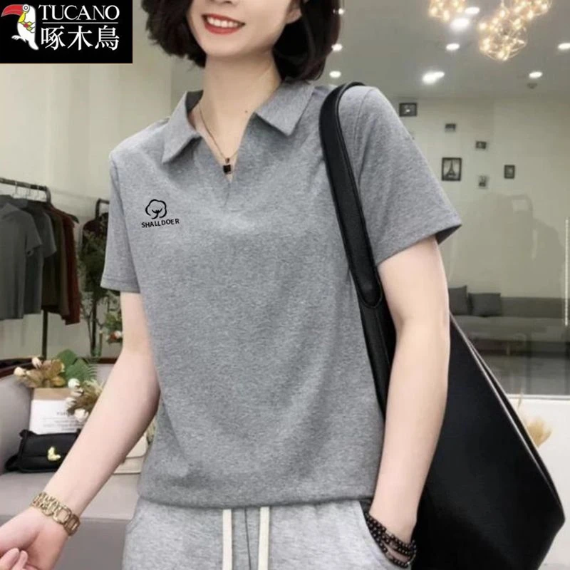 啄木鸟2025年新款POLO领短袖印花T恤夏季简约运动时尚大码上衣女