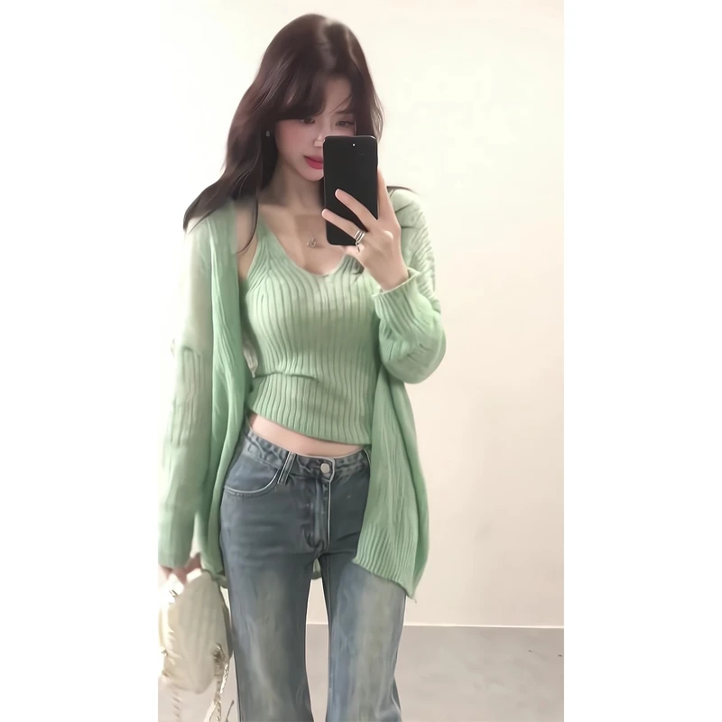 小众炸街高级感女装早春纯欲风针织开衫吊带背心两件套微喇牛仔裤