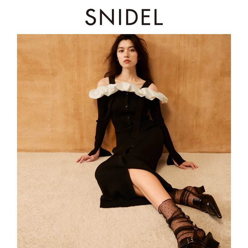 SNIDEL2024新品甜美露肩荷叶边拼接针织吊带连衣裙SWNO244117