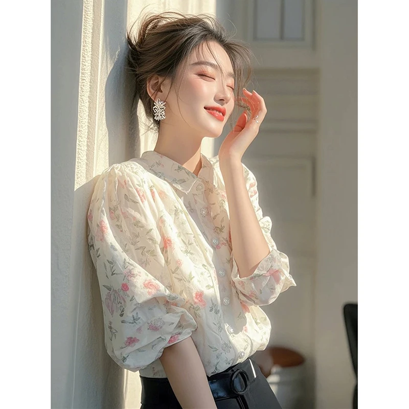 2025春季新款轻奢高级感超好看独特漂亮法式长袖上衣白色印花衬衫