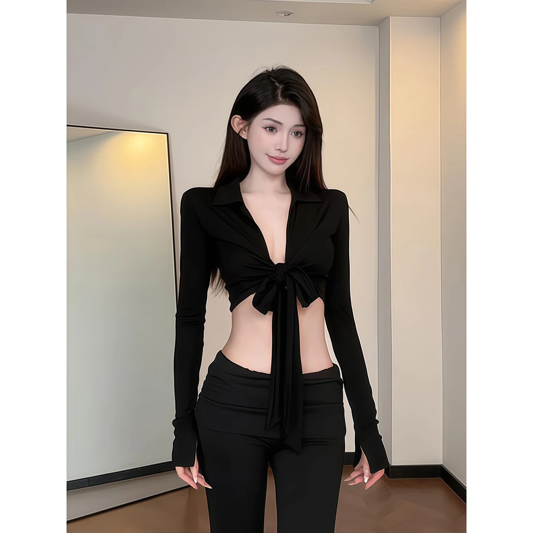 辣妹时尚蝴蝶结绑带露脐深V领T恤女装秋季新款性感修身百搭短上衣