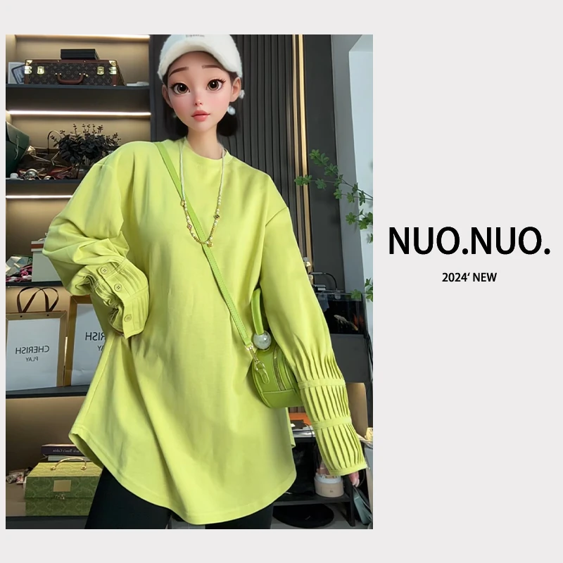 （灯笼T恤）2024春秋长袖休闲百搭宽松圆领纯色上衣女设计感