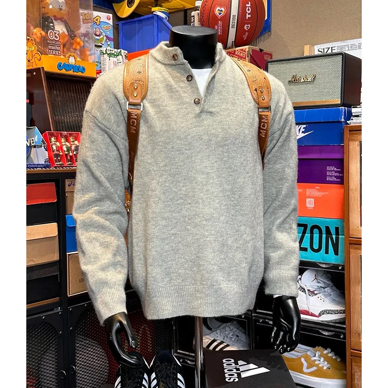 黑色亨利领毛衣男款秋冬季内搭针织衫慵懒风高级感正肩长袖打底衫