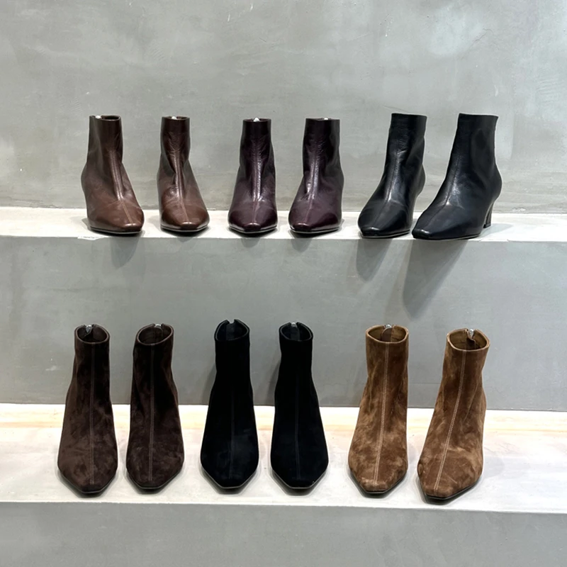 5CM法式复古超柔软羊皮后拉链时装靴2025秋冬款高跟气质瘦瘦短靴