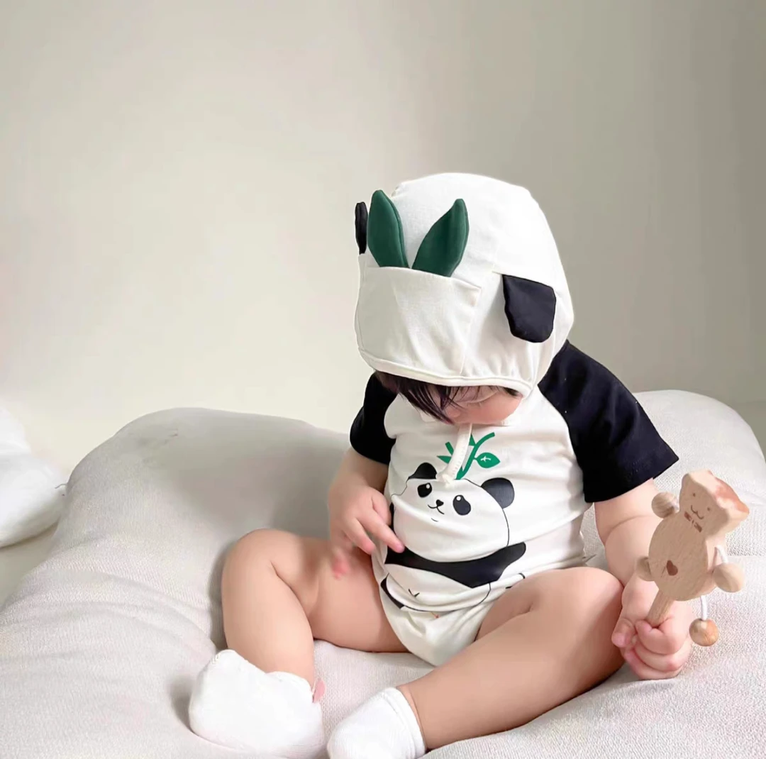 连帽熊猫竹子包屁套装夏款透气婴儿宝宝薄款连体衣亲肤婴儿连体