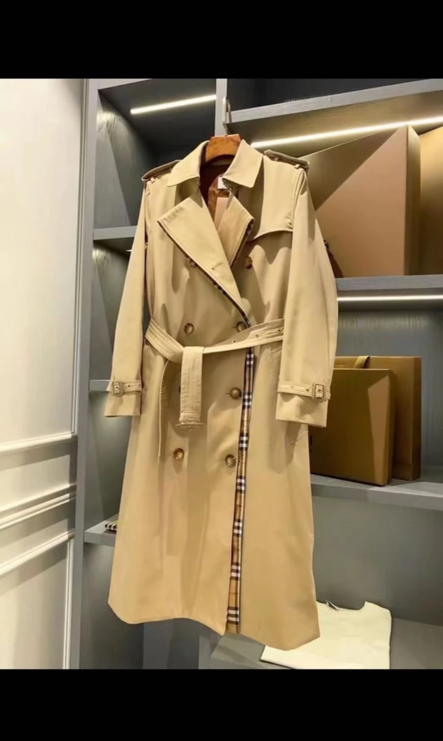 双门襟格子风衣外套