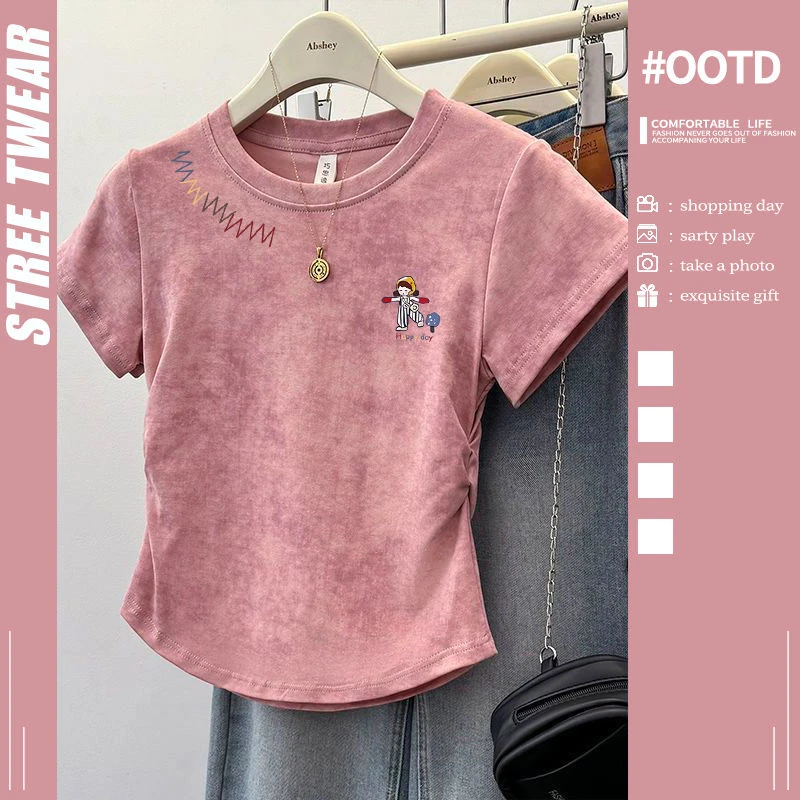 纯棉夏2025新款褶皱辣妹正肩短袖t恤女扎染修身显瘦短款收腰上衣
