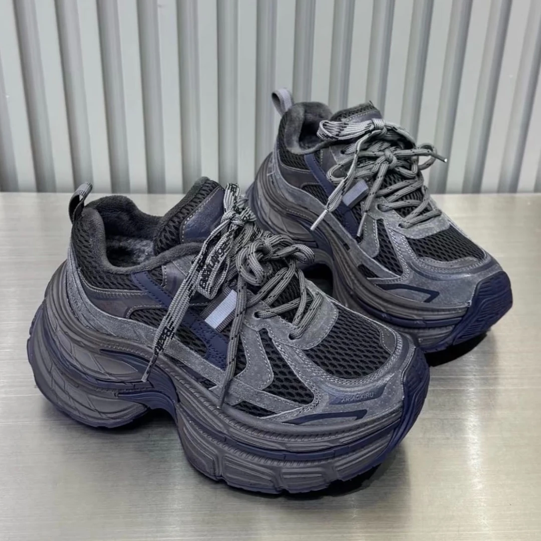 欧货加绒擦色厚底老爹鞋女2025冬季新款增高ins保暖休闲运动潮鞋