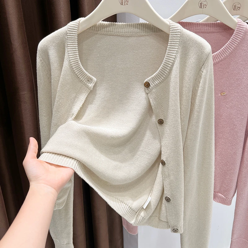 韩版宽松圆领针织防晒开衫秋季新款吊带裙外搭高级感披肩薄款上衣