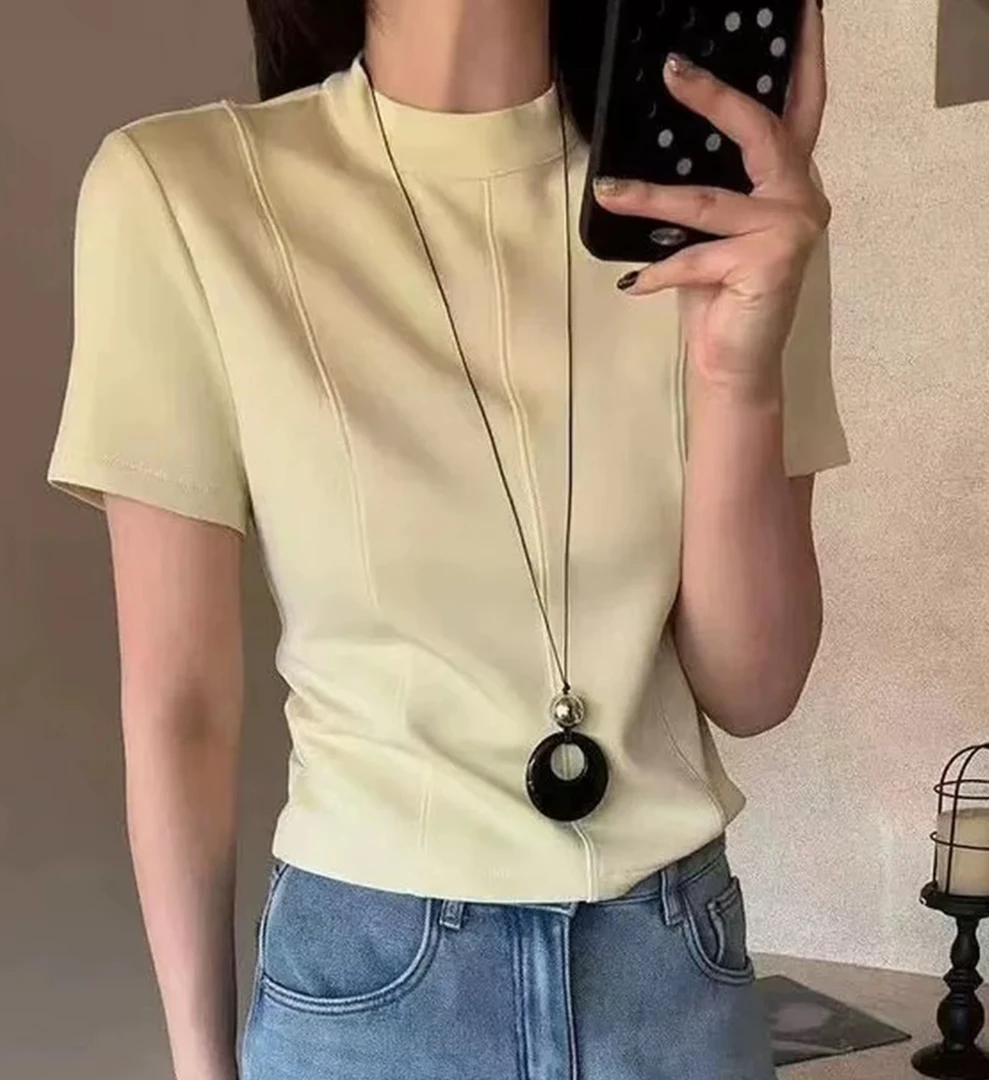 小立领短袖T恤女夏季背后拉链拼接设计感太空棉修身显瘦短款上衣