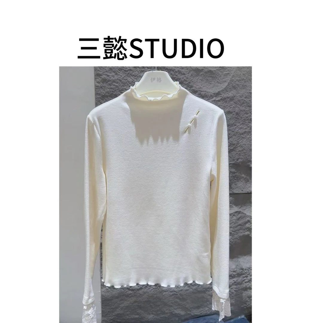 【三懿服饰】秋季新款韩版休闲纯色甜美时尚修身花边T恤9595