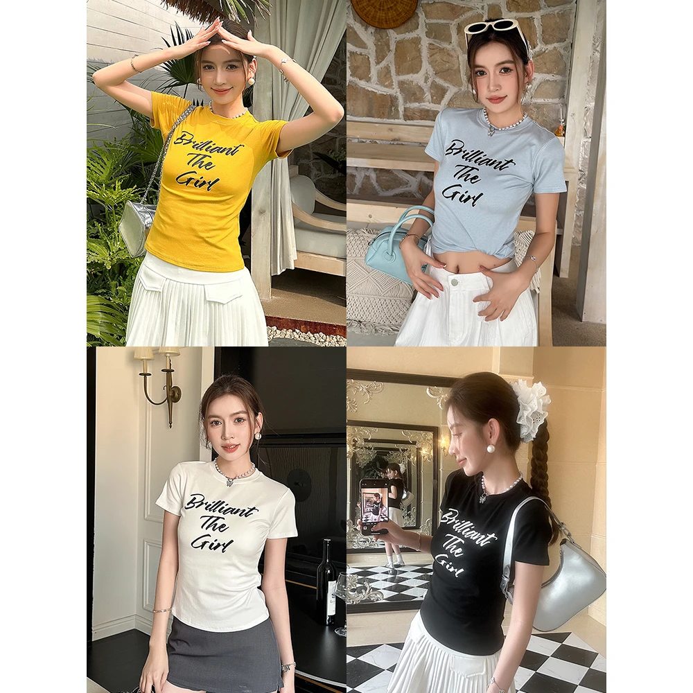 戈缕美式正肩短袖t恤女2025夏季修身显瘦字母印花短款辣妹上衣ins