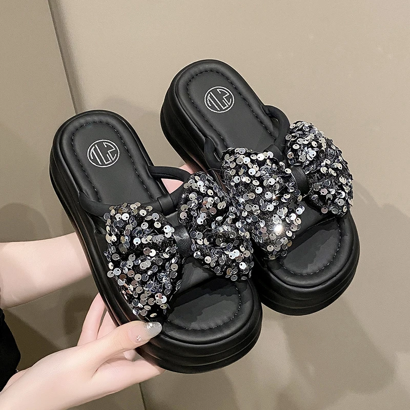 亮片蝴蝶结水钻精致厚底夏季网红时尚百搭外穿厚底防滑ins拖鞋女