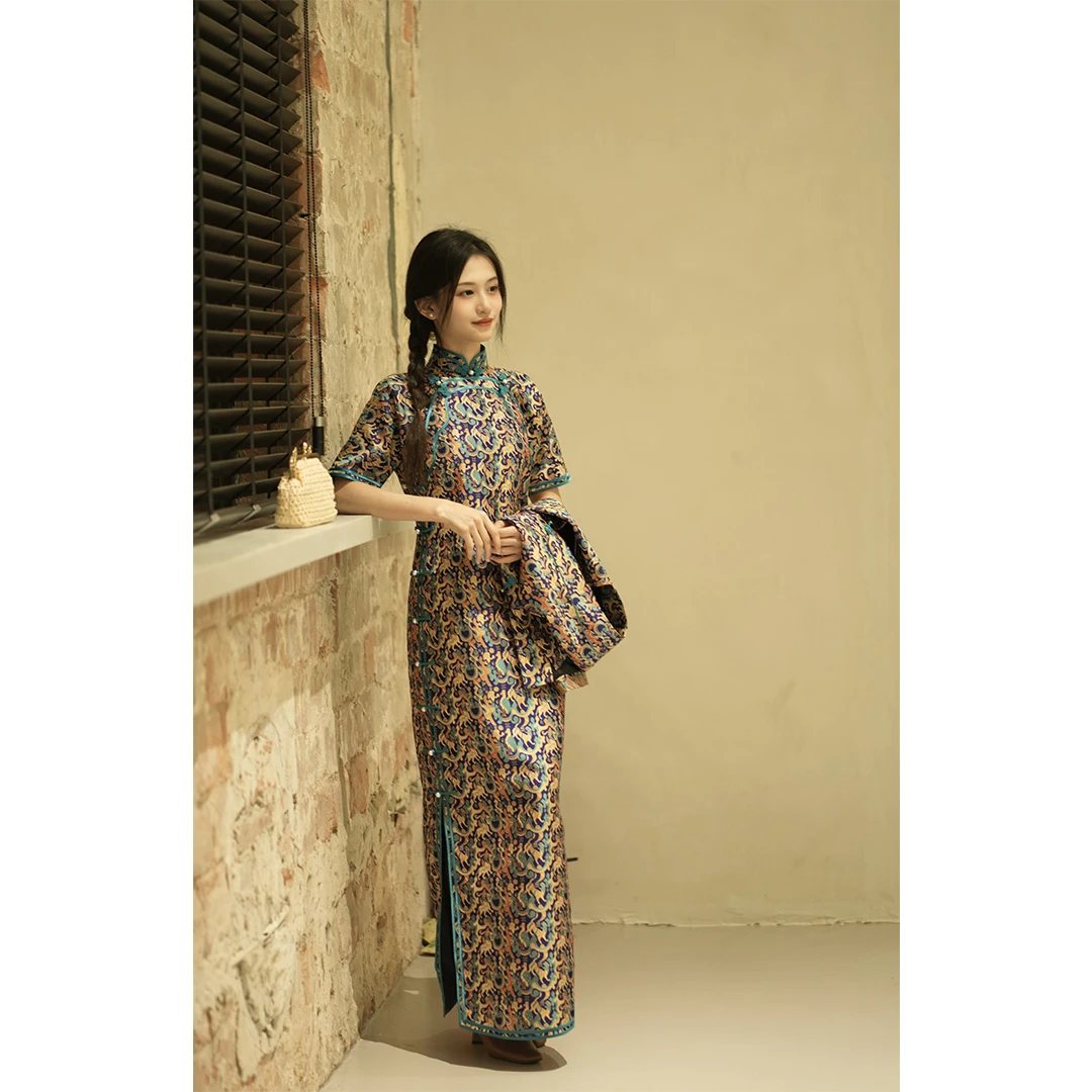 丘美【五星出东方】38姆米蜀杭锦新中式无省修身手工古法旗袍