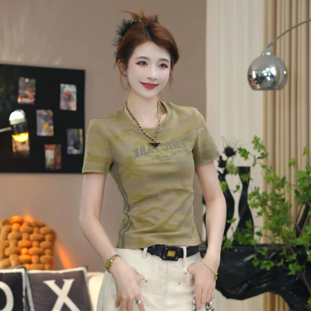 夏天新款-美式复古迷彩印花收腰显瘦短袖上衣T恤-百搭时尚