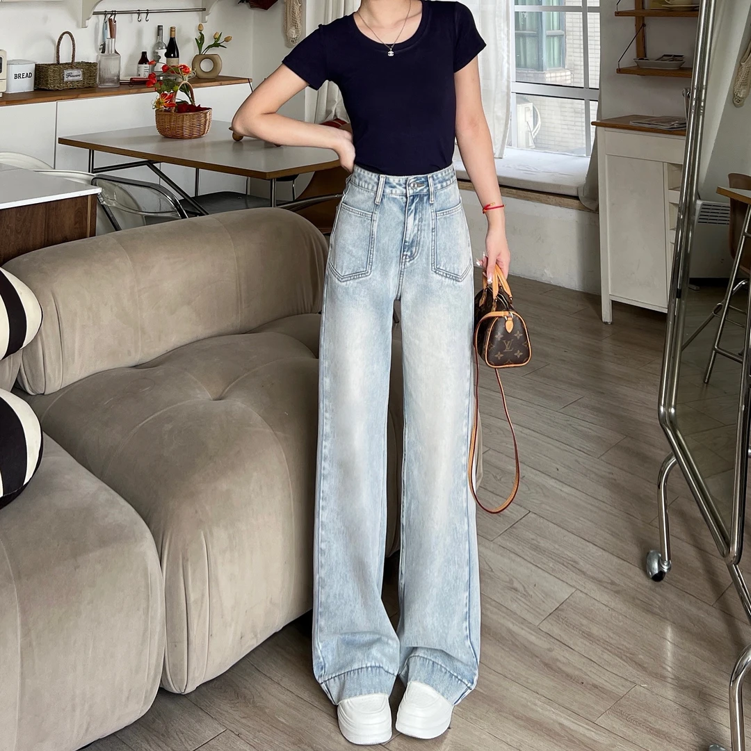 【送腰带】春季新款高腰浅蓝色百搭阔腿裤2025年遮胯垂感显瘦直筒裤