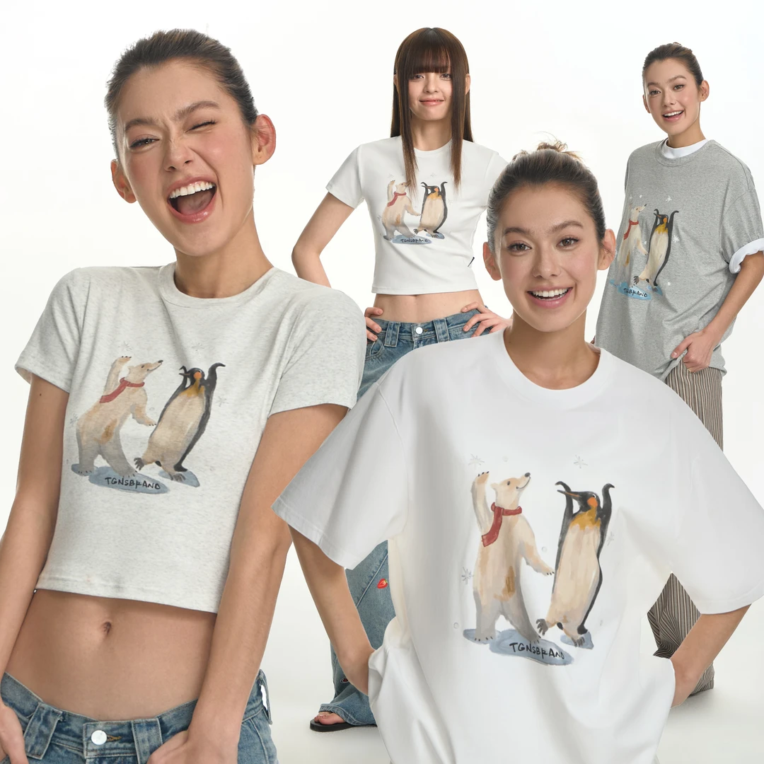 TGNS潮牌企鹅印花正肩t恤女夏季新品宽松复古半袖欧若风情侣短袖