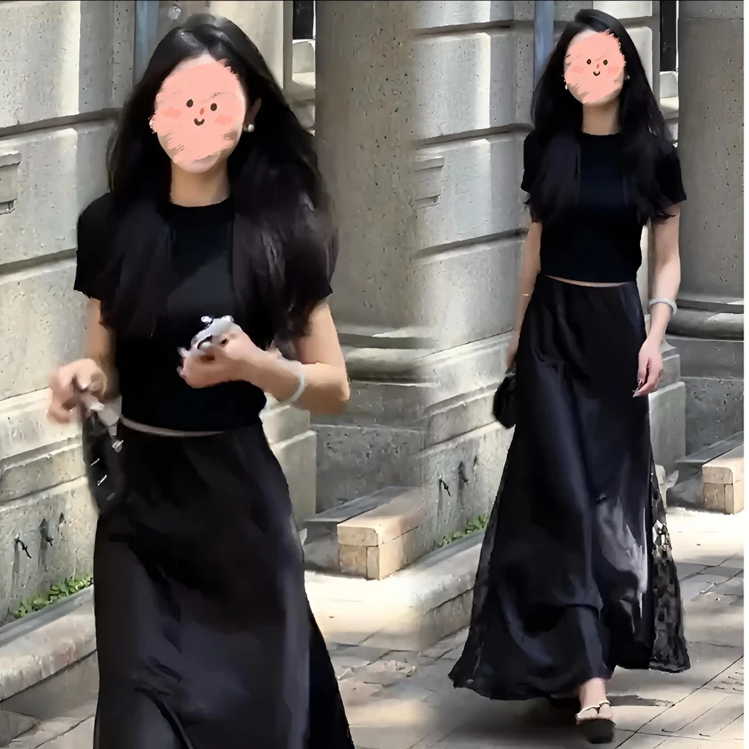 蕾丝缎面气质百搭镂空短袖醋酸缎面拼接蕾丝半身裙显瘦气质长裙