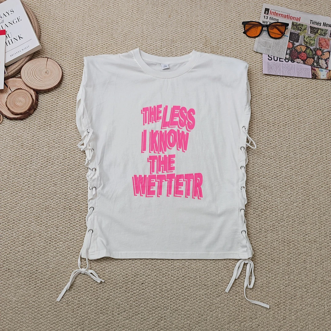 2025夏季新款韩版百搭抽绳字母印花背心短袖T恤2087