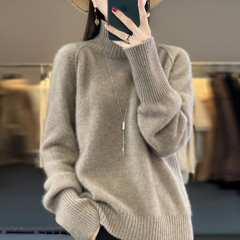 时尚纯100羊毛衫女秋冬新款半高领加厚针织上衣羊绒毛衣打底衫女