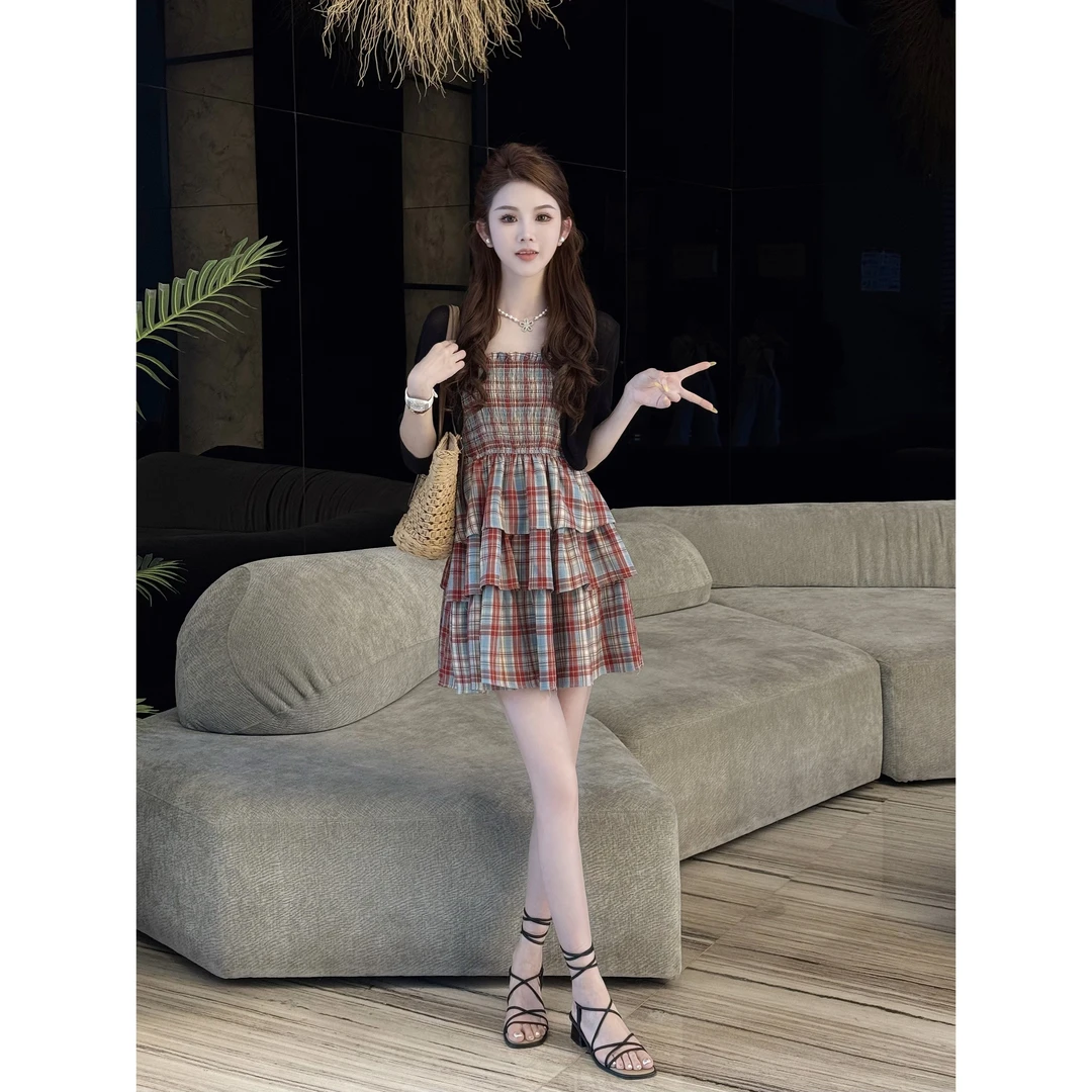 （多巴胺少女）甜美度假风收腰显瘦格纹吊带连衣裙
