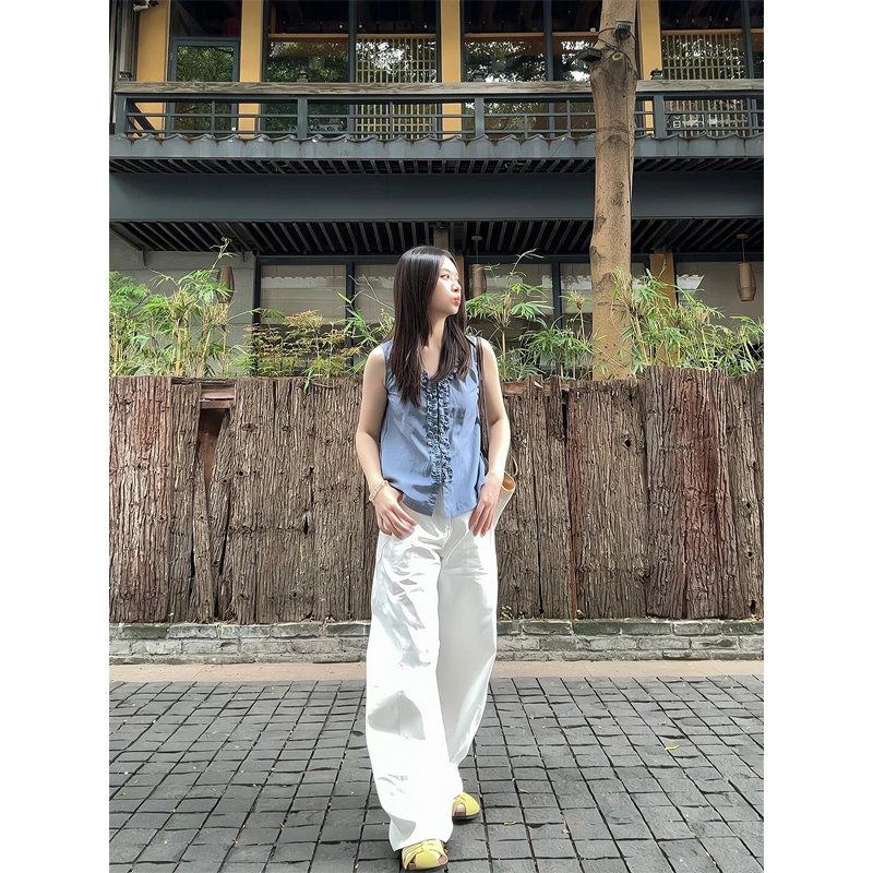 复古褶皱花边条纹V领背心衬衫显瘦无袖上衣防晒山本裤休闲阔腿裤