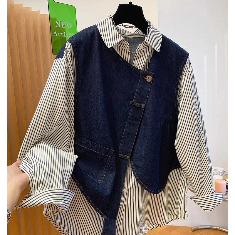 欧货牛仔拼接条纹衬衫女春秋2025新款宽松高级设计感假两件上衣潮