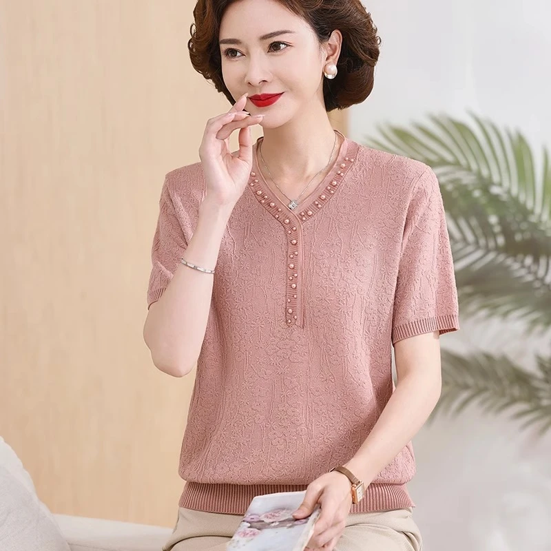 莱赛尔天丝妈妈新款冰丝针织短袖中老年女夏季T恤小衫上衣洋气
