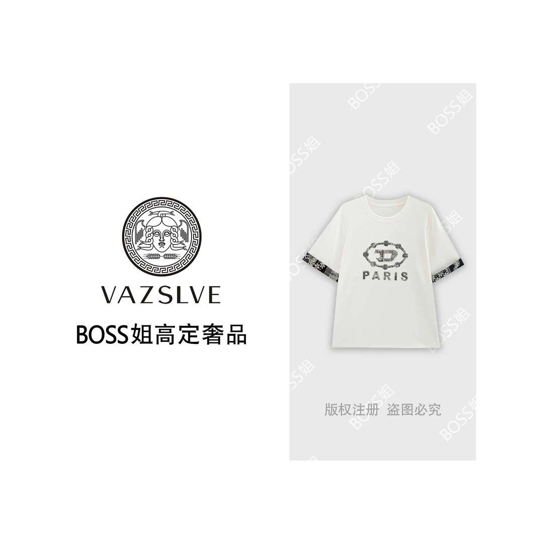 【VAZSLVE/原创设计】重工烫钻字母拼接袖短袖T恤T8762