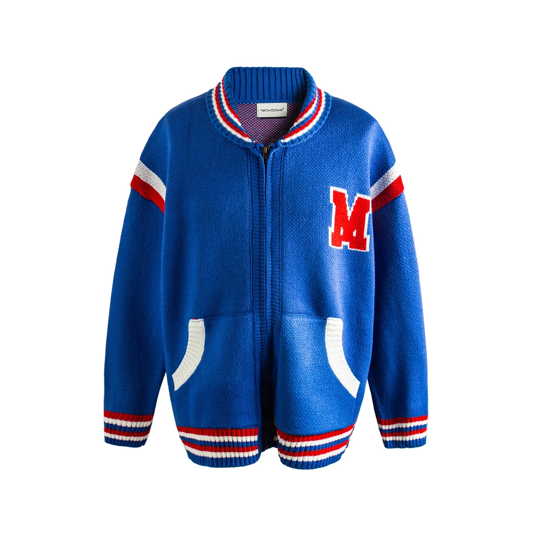 Me Da Igual宝蓝色街头滑板宽松棒球服外套街舞重磅针织拉链毛衣